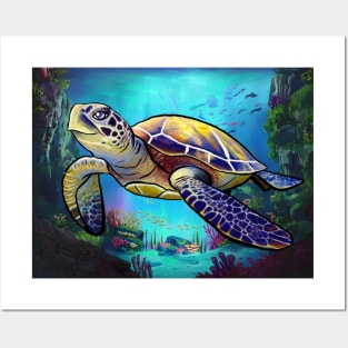 Turtle under the ocean Posters and Art